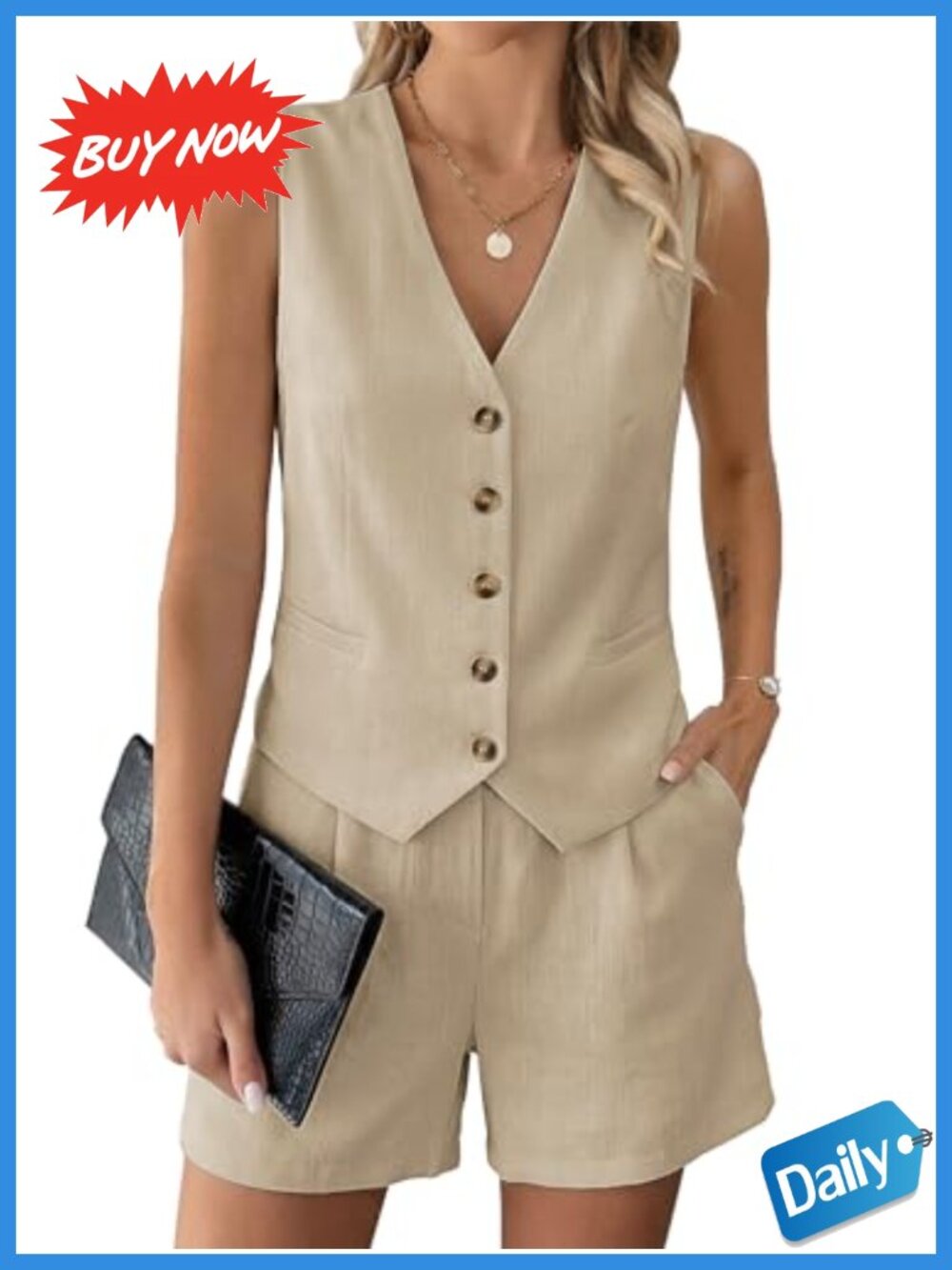 SimpleFun Women's 2 Piece Short Set Button Down Vest Top and Shorts with Pockets